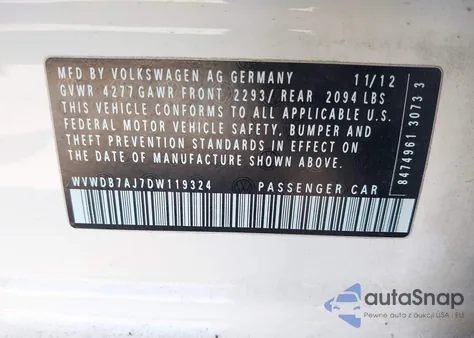 2013 Volkswagen Golf из США, поврежденный, VIN WVWDB7AJ7DW119324